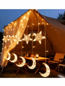 1条115颗LED灯珠的2.5米*0.8米镂空亚克力星月帘灯，2米电源线，电池供电，家居装饰镂空星月帘LED灯，适用于斋月、节日、露营、办公室装饰