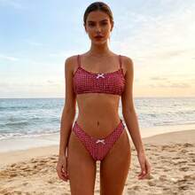 Women's 2 Piece Bikini Set Fashion Plaid Spaghetti Strap Bra And Low Elastic Waist Briefs Bathing Suit - 紅色 - 查看 6