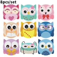 8Pcs Cute Owl Shape DIY Diamond Painting Coasters Set With Holder, Sparkling Rhinestone Art Craft Cup Mats For Home Decor & Gifts - Multicolor - View 6
