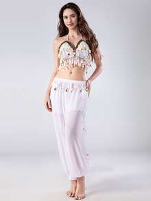 2pcs Women's Belly Dance Outfit, Shiny Fringe Sequin Crop Top + Harem Pants, Belly Dance Performance & Training Costume Set - Multicolor - View 16