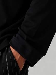 2 件男士休闲宽松睡衣套装，适合派对、居家、旅行、年轻人、家居服，圆领长袖上衣带口袋，侧条纹裤，针织面料，春秋冬秋季服装 - 黑色 - 查看 8