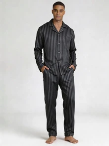 Snug League 2pcs Men Plus Size Striped Long Sleeve Top & Pants Sleepwear Set, High Quality Casual Home Outfit For Spring And Autumn, Fall Winter Clothes - Black - View 1