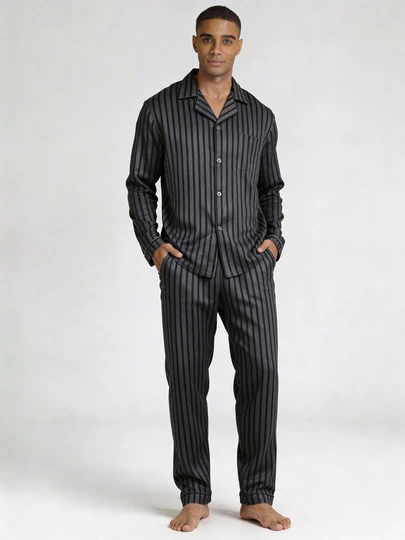 男士加大码条纹长袖上衣和裤子睡衣套装（2件套），高品质休闲家居服，适合春秋季和秋冬季穿着。