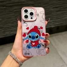 Disney Lilo & Stitch Angel Series  Case, Cute Cartoon Anime Design, Suitable For  17, 16, 15, 14, 13, 12, 11 Pro Max, XS, XR And X, Features A Reflective Back And Shockproof Corners. Perfect As A Birthday Gift, Holiday Gift, Or Valentine's Day Gift. - 粉色 - 查看 2