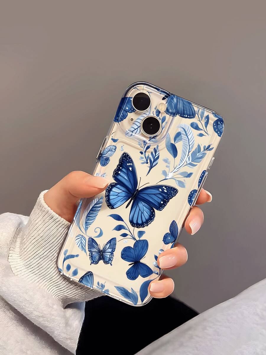 1pc Fashionable Minimalist Blue Butterfly & Leaf Pattern Transparent Soft Silicone Shockproof Anti-Scratch Lens Full Coverage Phone Case Compatible With Apple Phones - Multicolor - View 1