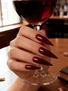 24PCs Cherry Red Press On Nails Long Stiletto Shape American Style False Nails Glossy Solid Color Detachable Nail Tips Hypoallergenic Nail Art Set For Women Girls Party Wedding Festival Vacation Gift Nail Accessories - Đỏ - Xem 1