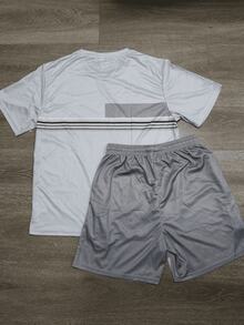 KOVSEE 男士3D条纹撞色印花休闲短袖短裤套装，户外运动沙滩休闲时尚套装，春夏秋季 - 淺灰色 - 查看 2