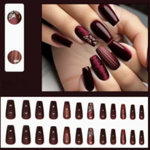 24Pcs Medium-Long Ballet Shaped Nails, Dark Red Tie Dye Floral & Striped Design, Versatile & Brightening, Reusable Nail Tips Suitable For Women & Girls, Music Festival, Valentine'S Day, New Year Party, Comes With 1 Nail Glue Press On Nails Nail Supplies Nails - 彩色 - 查看 2