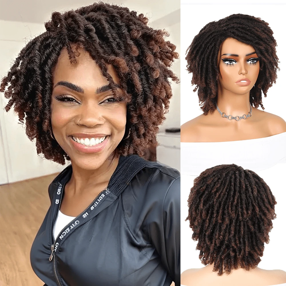 Short African Twist Braided Wig, Faux Dreadlocks, Glueless Synthetic African Curly Hair Wig, Brown Ombre Color, Heat Resistant Synthetic Hair, Suitable For Women's Daily Wear, Cosplay Or Party - Brown Ombre - View 1