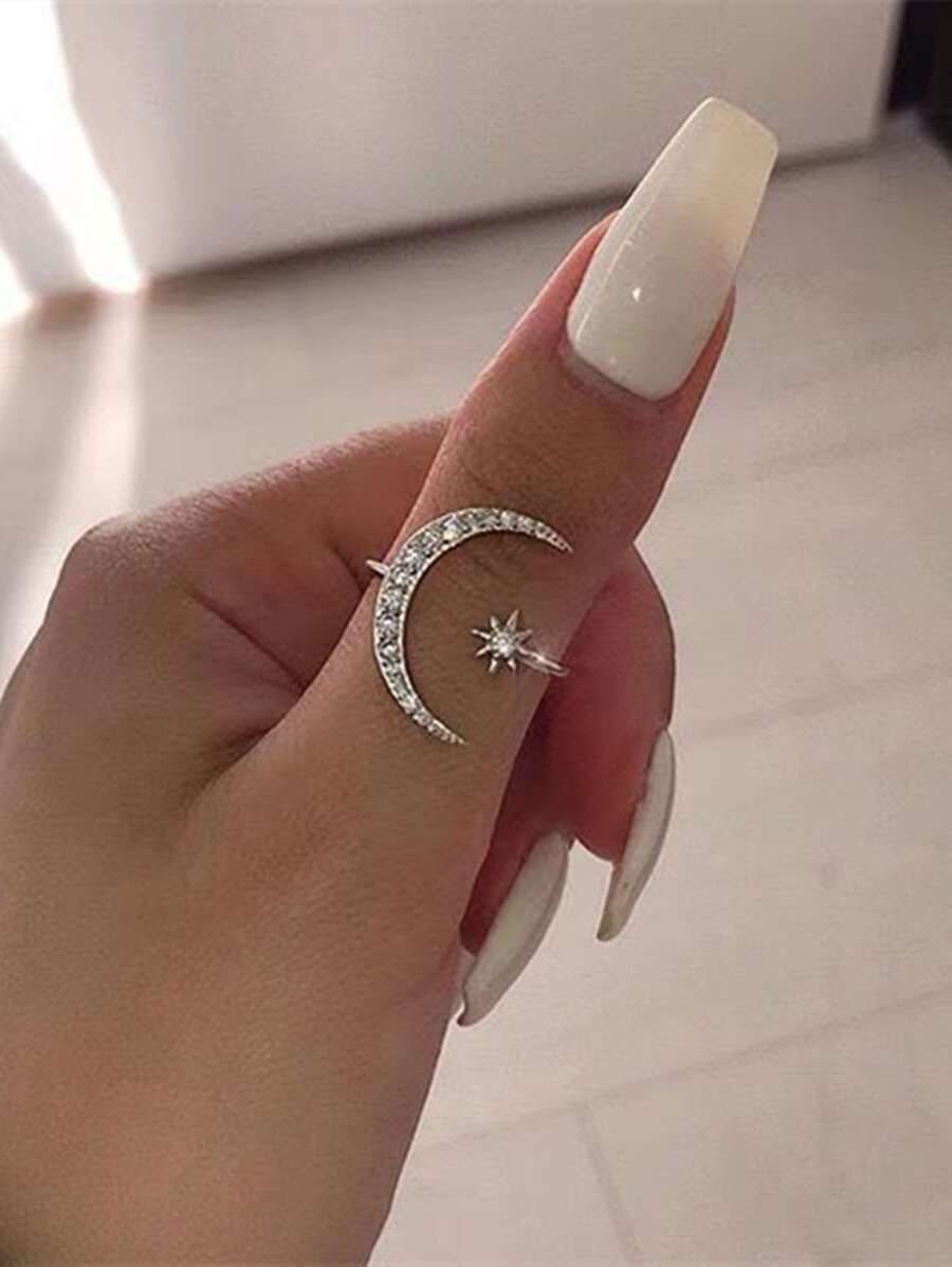 1pc Star And Moon Rings For Women, A European And American Style Star And Moon Ring, An Star And Moon Open-Finger Ring, Adjustable, Suitable For Everyday Wear - 銀色 - 查看 1
