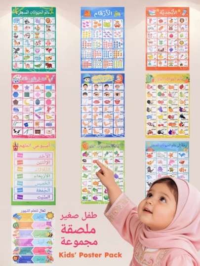 Conjunto de 10 pôsteres bilíngues para educação infantil: inclui alfabeto, números de 1 a 20, animais, frutas, legumes, partes do corpo, dias da semana, formas e cores, e meses. Ideal para aprendizado infantil, educação em casa e como presente de volta às aulas.