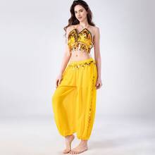 2pcs Women's Belly Dance Outfit, Shiny Fringe Sequin Crop Top + Harem Pants, Belly Dance Performance & Training Costume Set - Multicolor - View 2