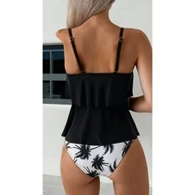 Tankini Swimsuit For Women Palm Print - Black Halter Top With Ruffled High Waisted Bottoms - Tropical Two Piece Bathing Suit - Summer Beach Swimwear - 多色1068 - 查看 3