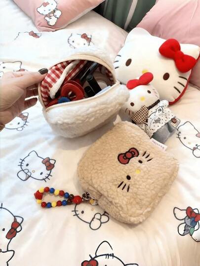 Bolsa de almacenamiento de peluche de gatito de estilo Sanrio para otoño/invierno, bolsa pequeña bordada linda, bolsa de almacenamiento portátil, monedero de mujer, billetera mini, billetera, billetera pequeña, monedero de monedas