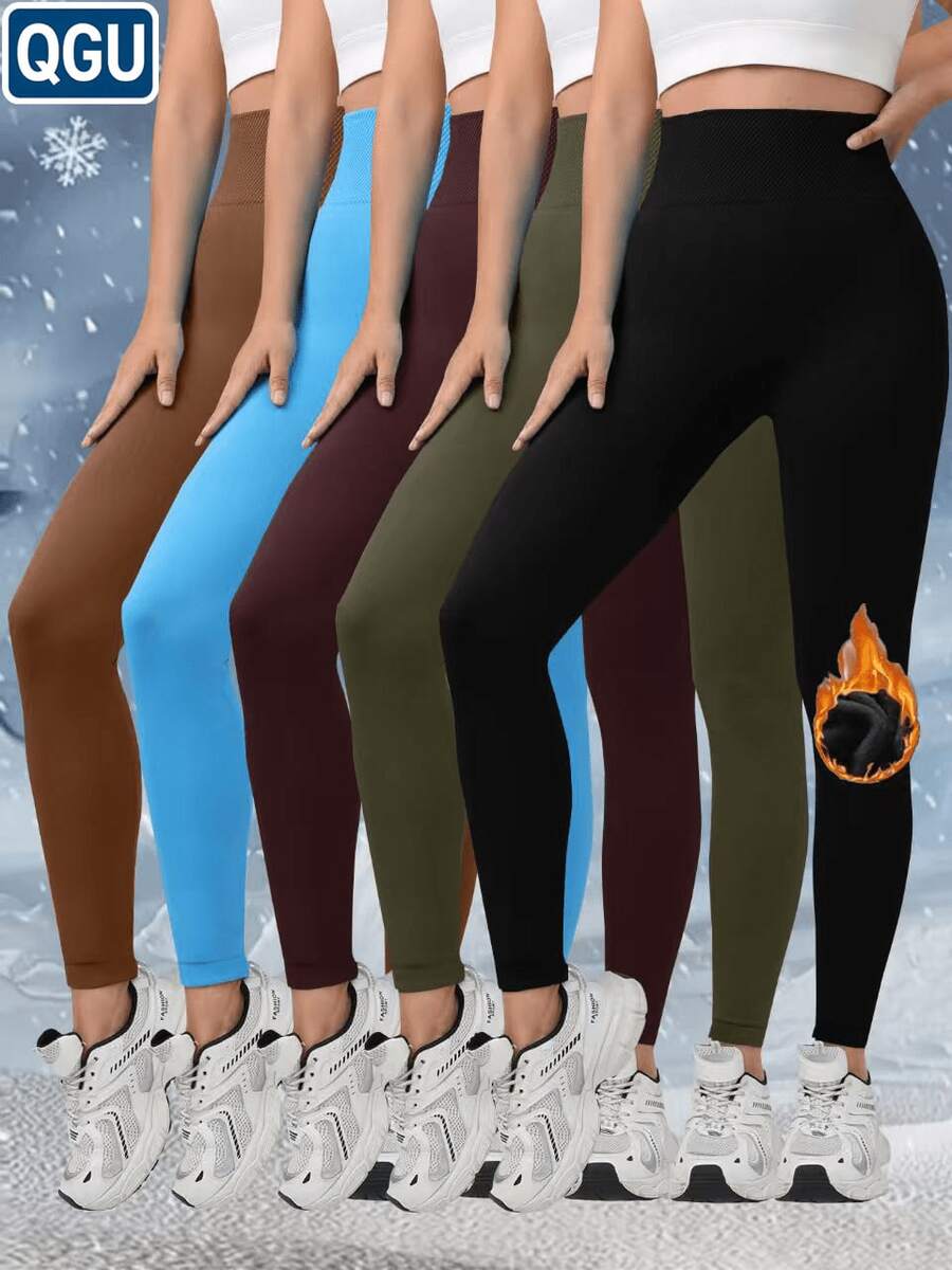 QGU 5-Piece Winter Sports Leggings High-Waisted Thickened Fleece-Lined The Rmal Pants Warm Fleece-Lined Thermal Leggings - Đen/Nâu/Nâu nhạt/Xanh dương/Xanh lá nhạt - Xem 1