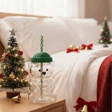 1个可爱小熊吸管杯，婴儿吸管玻璃杯，蜂蜜熊吸管杯，萌萌的咖啡奶茶果汁杯，蜂蜜熊吸管杯，家居派对节日圣诞节 - 多色綠 - 查看 3