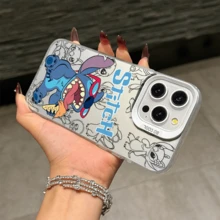 Disney Lilo & Stitch Angel Series  Case, Cute Cartoon Anime Design, Suitable For  17, 16, 15, 14, 13, 12, 11 Pro Max, XS, XR And X, Features A Reflective Back And Shockproof Corners. Perfect As A Birthday Gift, Holiday Gift, Or Valentine's Day Gift. - màu đen - Xem 11