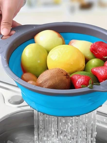 Round Collapsible Silicone Colander Set - Includes 1 Large And 1 Small, Perfect For Draining Pasta, Vegetables And Fruits (Green, Red, Blue), Kitchen Tool Household Items - Multicolor - View 6