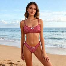 Women's 2 Piece Bikini Set Fashion Plaid Spaghetti Strap Bra And Low Elastic Waist Briefs Bathing Suit - 紅色 - 查看 4
