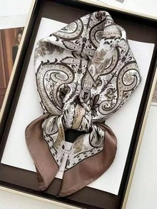 1 chiếc khăn vuông bằng satin 70cm với họa tiết Paisley thời trang, khăn choàng cổ, khăn quàng cổ, băng đô dành cho nữ, họa tiết hoa, phù hợp với váy. - Hạt điều caramel - Xem 1
