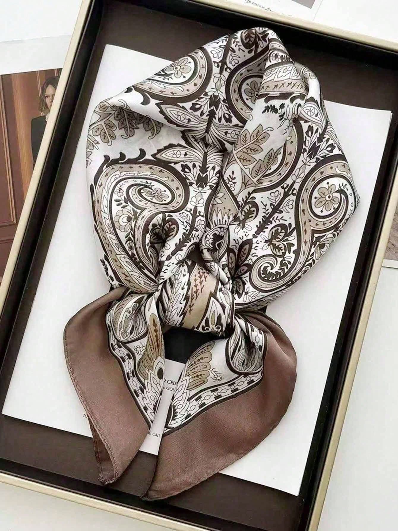 1 chiếc khăn vuông bằng satin 70cm với họa tiết Paisley thời trang, khăn choàng cổ, khăn quàng cổ, băng đô dành cho nữ, họa tiết hoa, phù hợp với váy. - Hạt điều caramel - Xem 1