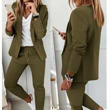 2pcs Women's Suit Set: Lapel Collar Jacket And Elastic Waist Pants - Army Green - View 5