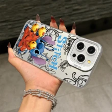 Disney Lilo & Stitch Angel Series  Case, Cute Cartoon Anime Design, Suitable For  17, 16, 15, 14, 13, 12, 11 Pro Max, XS, XR And X, Features A Reflective Back And Shockproof Corners. Perfect As A Birthday Gift, Holiday Gift, Or Valentine's Day Gift. - màu đen - Xem 11