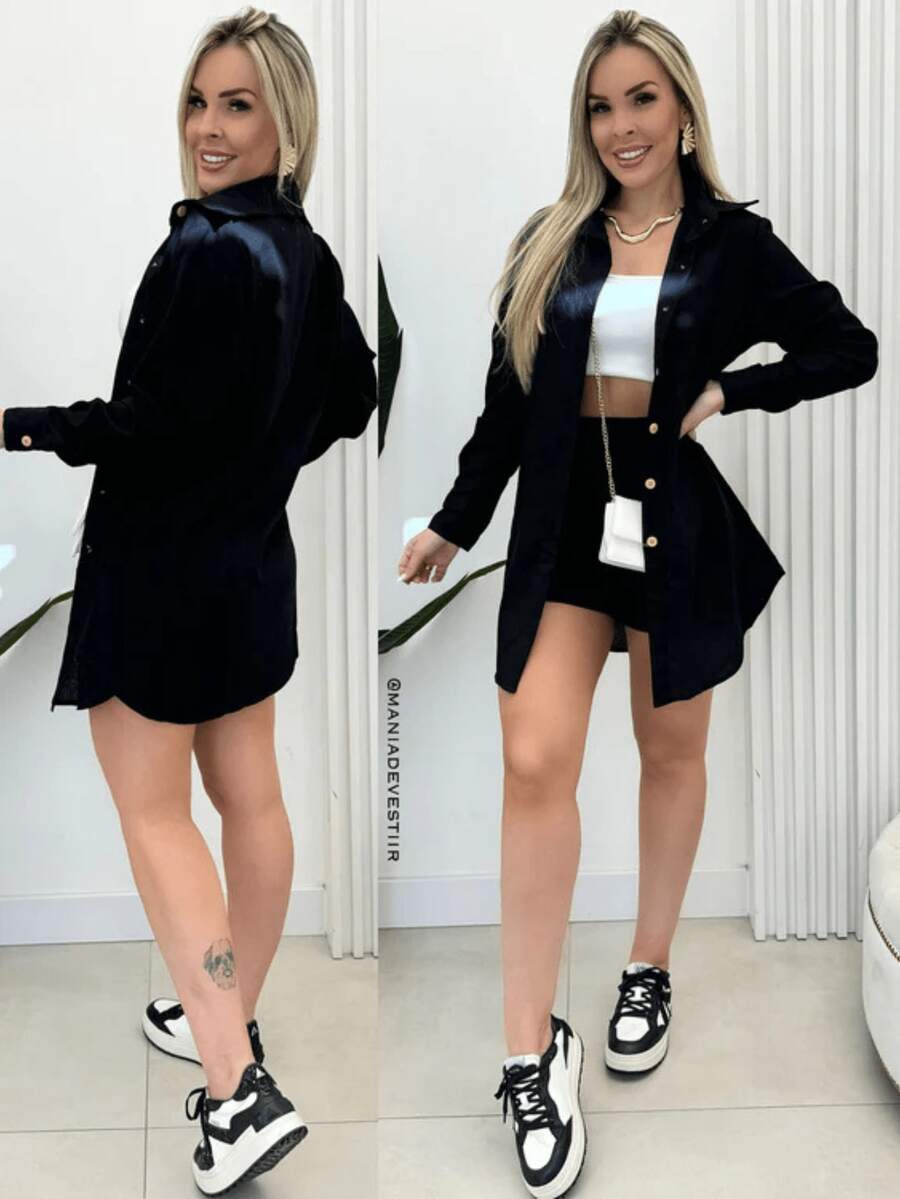 Women's Linen Shorts And Long-Sleeved Button-Down Shirt Set. - Black - View 1