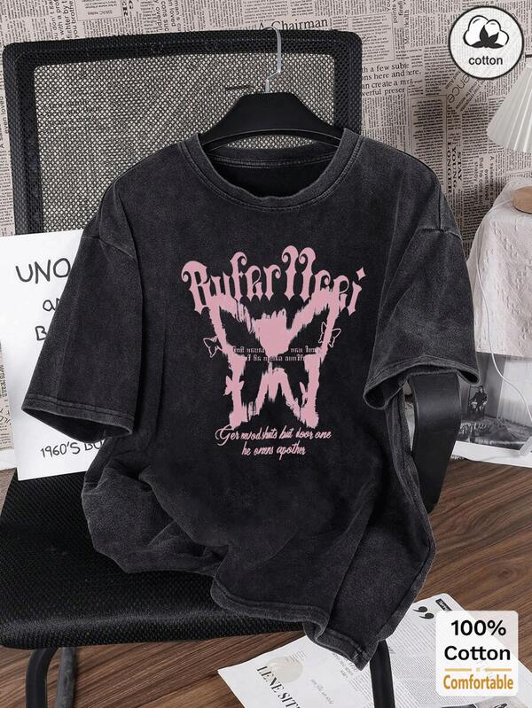 Vintage Washed Black Long Sleeve T-Shirt For Women, Loose Fit Graphic Print Top, Summer Casual