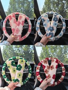 3pcs/2pcs/1pc Car Interior Accessory Set, Floral Plush Steering Wheel Cover And Seatbelt Shoulder Pads, Non-Slip, Warm, Cute, Personalized, Suitable For All Seasons
