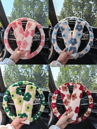 3pcs/2pcs/1pc Car Interior Accessory Set, Floral Plush Steering Wheel Cover And Seatbelt Shoulder Pads, Non-Slip, Warm, Cute, Personalized, Suitable For All Seasons