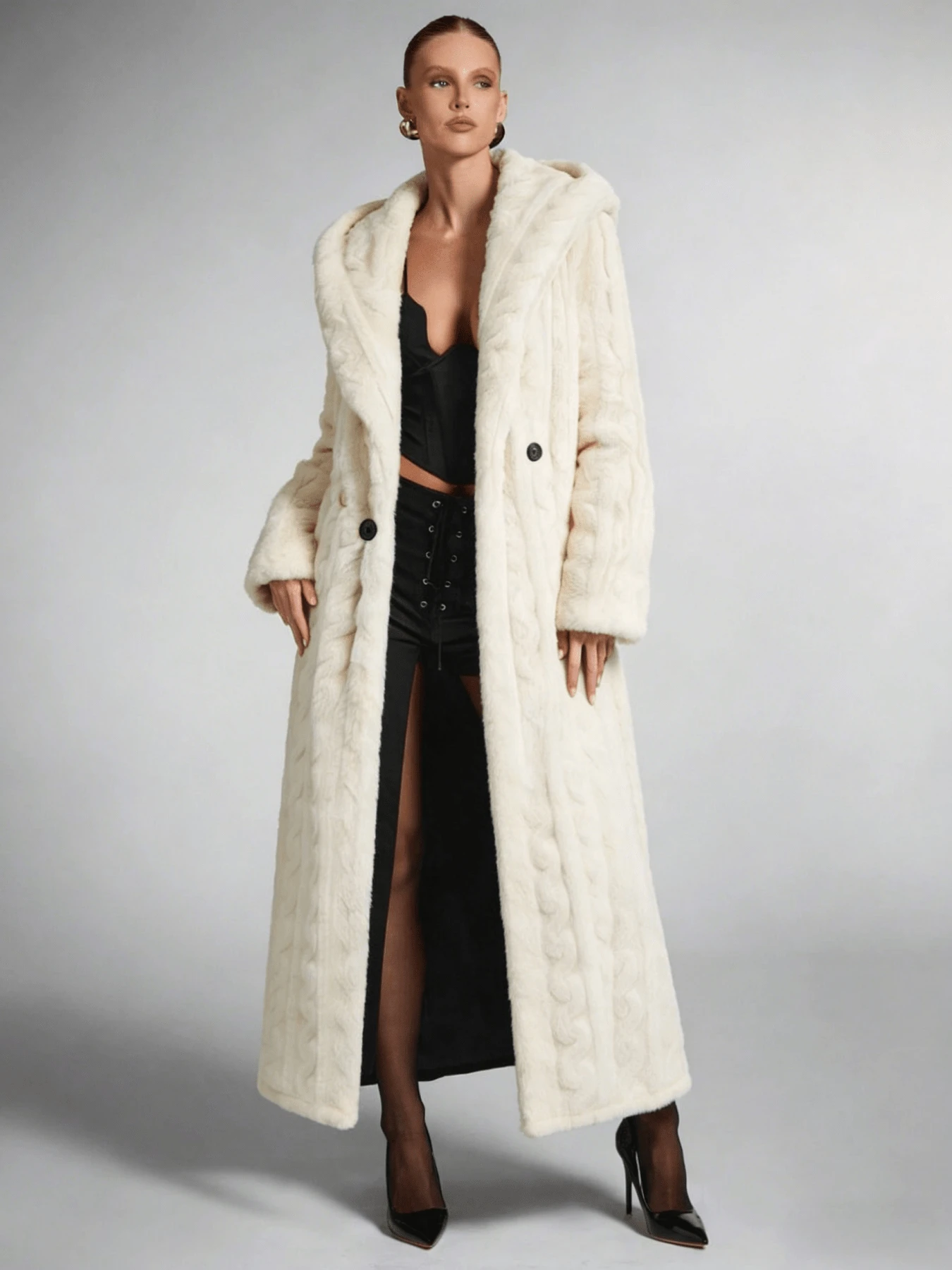 Beige Faux Fur Cable Knit Long Coat, A Fashion - Forward & Warm Hot Outfit Crafted With Premium Fuzzy Material, Boasting A Flowy Longline Silhouette And Classic Cable Knit Pattern, Ideal For Adding Elegant Winter Style By Pairing With Sweaters Or Blouses In  Define Jacket  Sports Jacket  Ski Clothes Women  Zip Up Jackets  Fitted Jacket  Winter Coat For Women  Abrigos De Invierno Para Mujer  Women's Winter Clothing Of Women's Winter Clothing Women's Winter Fashion Women's Winter Promotion Of Women's Winter Clothing Christmas  Ugly Christmas Sweater Women Curve - trắng - Xem 1
