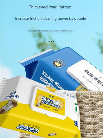 80 Sheets Heavy Duty Kitchen Wet Wipes, Extra Large Pack, Thick & Strong, Grease & Dirt Cleaning, Suitable For Stove, Oven, Countertop, Lemon Scented