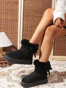 Women's Fleece-Lined Short Snow Boots, Beige - Warm, Soft-Soled, Comfortable & Non-Slip Winter Snow Boots, Plush Boots Valentine's Day - 黑色加厚款 - 查看 6