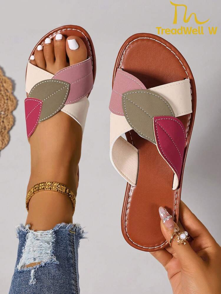 1 Pair Leaf Design Casual Flat Sandals, Fashion Party Beach Slippers, Suitable For Travel, Party, Beach, Available In Green, Beige, Pink For Women - Green - View 1