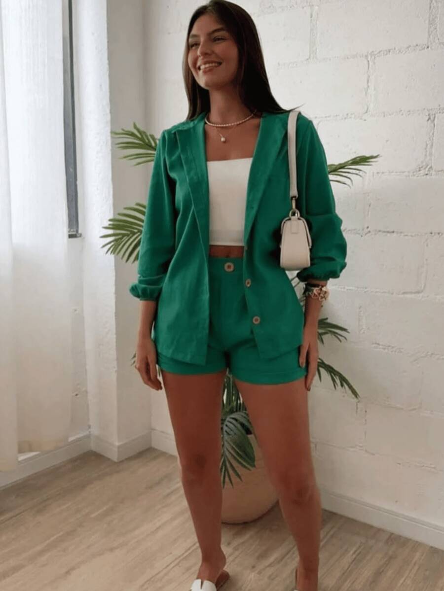 Women's Linen Long-Sleeved Set - Shorts And Shirt - 軍隊 - 查看 1