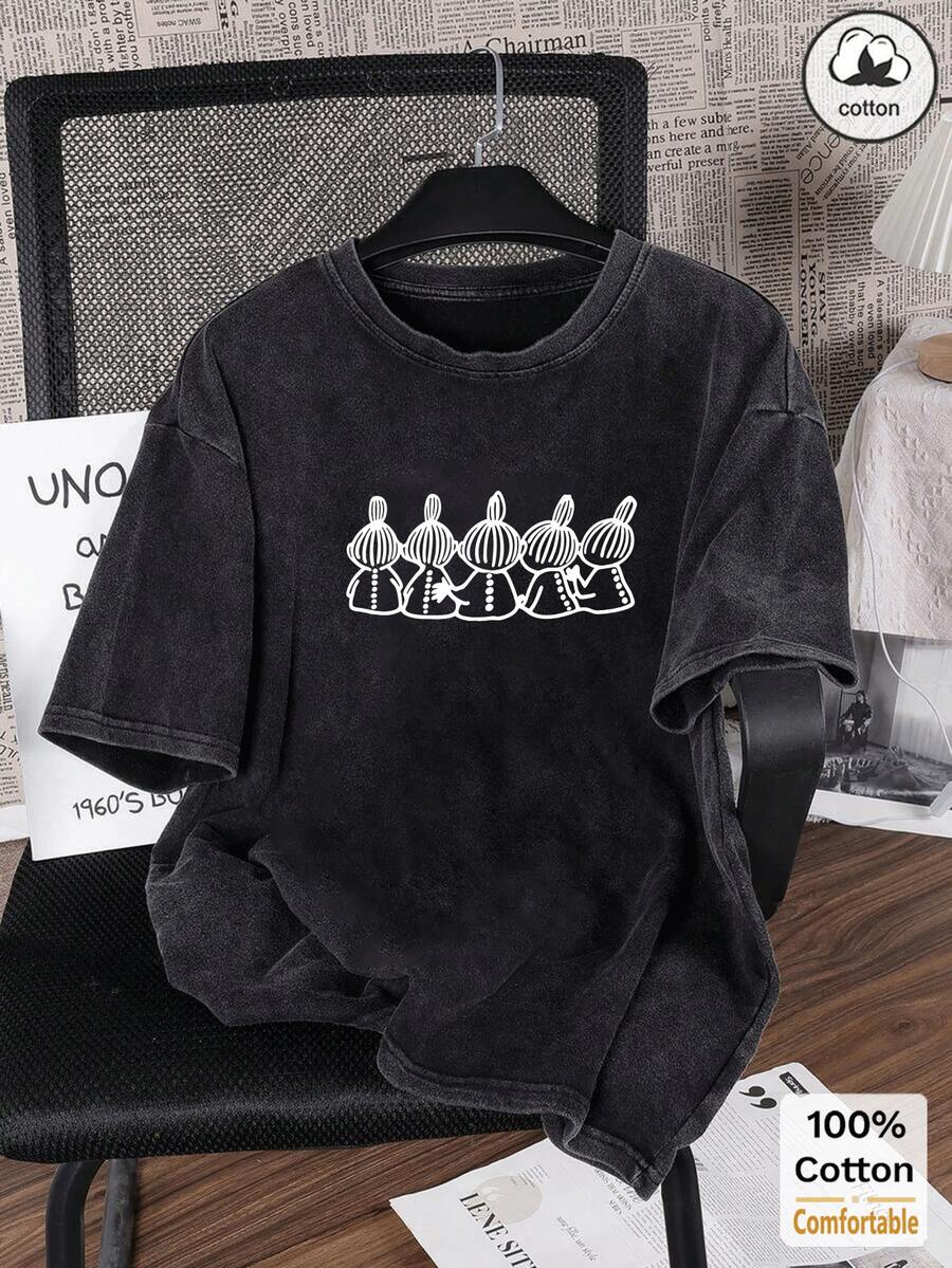 Washed Black Long Sleeve T-Shirt For Women, Funny Graphic Print, Loose Fit, Vintage, Oversized, Summer Casual Spring - Black - View 1