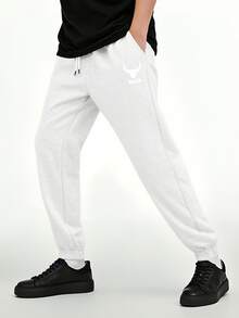 男士休闲日常通勤简约百搭牛头字母印花抽绳腰束脚裤 - 淺灰色 - 查看 5