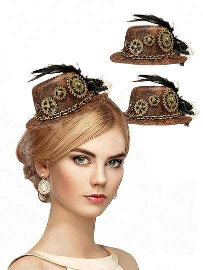 Feather Steam Punk Mini Top Hat, Gothic Retro Headpiece, New Victorian Era Hair Clip, Small Bowling Ball Victorian Costume Accessory, Suitable As Photo Prop Gift For Girls, Applicable For Weddings, Balls, Afternoon Tea Parties. This Charming Little Hat Exudes A Vintage Charm: Lightweight And Elegant, Meticulously Crafted; Unique Embellishments: Beautiful Silhouette, Timeless Elegance; Retro Socialite Style: Lightweight And Graceful, Redefining Ball Gown Attire.