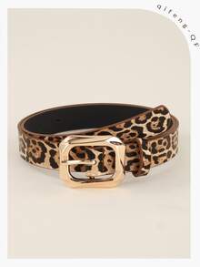 1pc Gold Square Buckle Leopard Print Belt, Fashionable & Elegant For Dresses, T-Shirts, Casual Pants