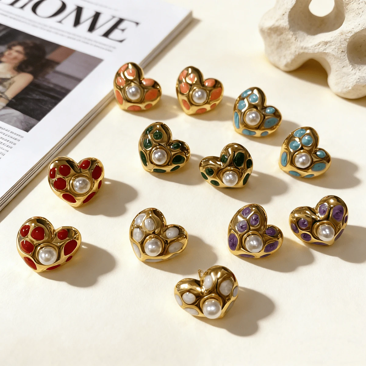 不锈钢耳环，心形珍珠镶嵌奢华耳环，情人节珠宝