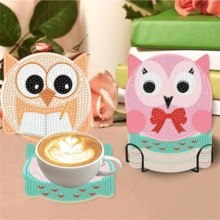 8Pcs Cute Owl Shape DIY Diamond Painting Coasters Set With Holder, Sparkling Rhinestone Art Craft Cup Mats For Home Decor & Gifts - Multicolor - View 2
