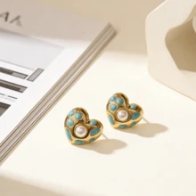 不锈钢耳环，心形珍珠镶嵌奢华耳环，情人节珠宝