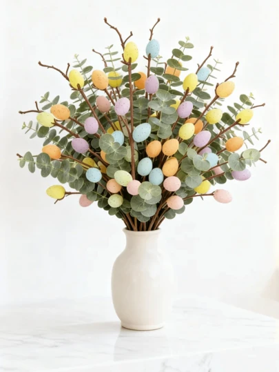 11pcs Artificial Easter Egg Branches, Eucalyptus Leaves And Colorful Eggs, 35cm/13.78in, Suitable For Easter Floral Decor, Tabletop Centerpiece, Wreath, Easter Decoration, Garden, Living Room, Home, Spring, Party, Bedroom