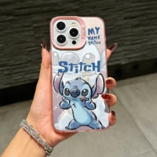 Disney Lilo & Stitch Angel Series  Case, Cute Cartoon Anime Design, Suitable For  17, 16, 15, 14, 13, 12, 11 Pro Max, XS, XR And X, Features A Reflective Back And Shockproof Corners. Perfect As A Birthday Gift, Holiday Gift, Or Valentine's Day Gift. - 黑色 - 查看 9