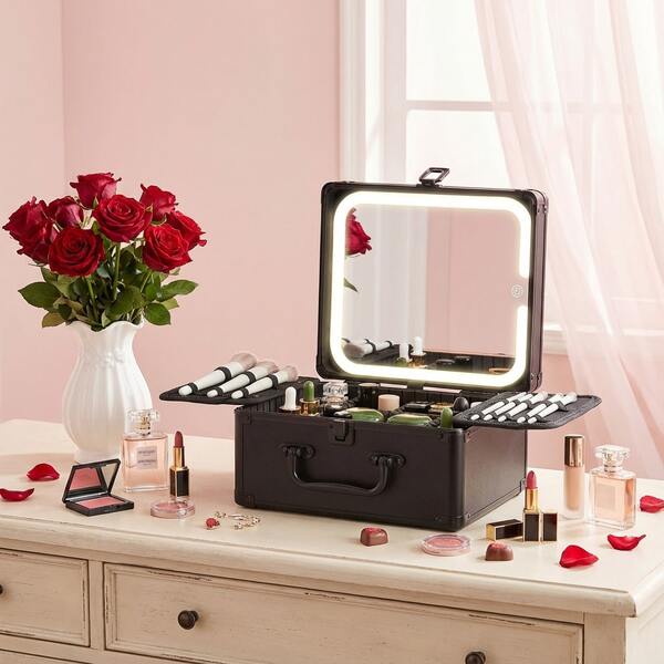 Makeup Case With A Detachable Lighted Mirror, 3 In 1 Travel Makeup Bag With 2 Brush Storage Boards, Makeup Box With Adjustable Dividers, Portable Cosmetic Organizer With Magnetic LED Mirror, Valentines Gifts For Women(Black)