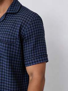 Snug League 2pcs/Set Men's Plaid Allover Print Short Sleeve Shirt And Shorts Pajama Set - Navy Blue - View 6