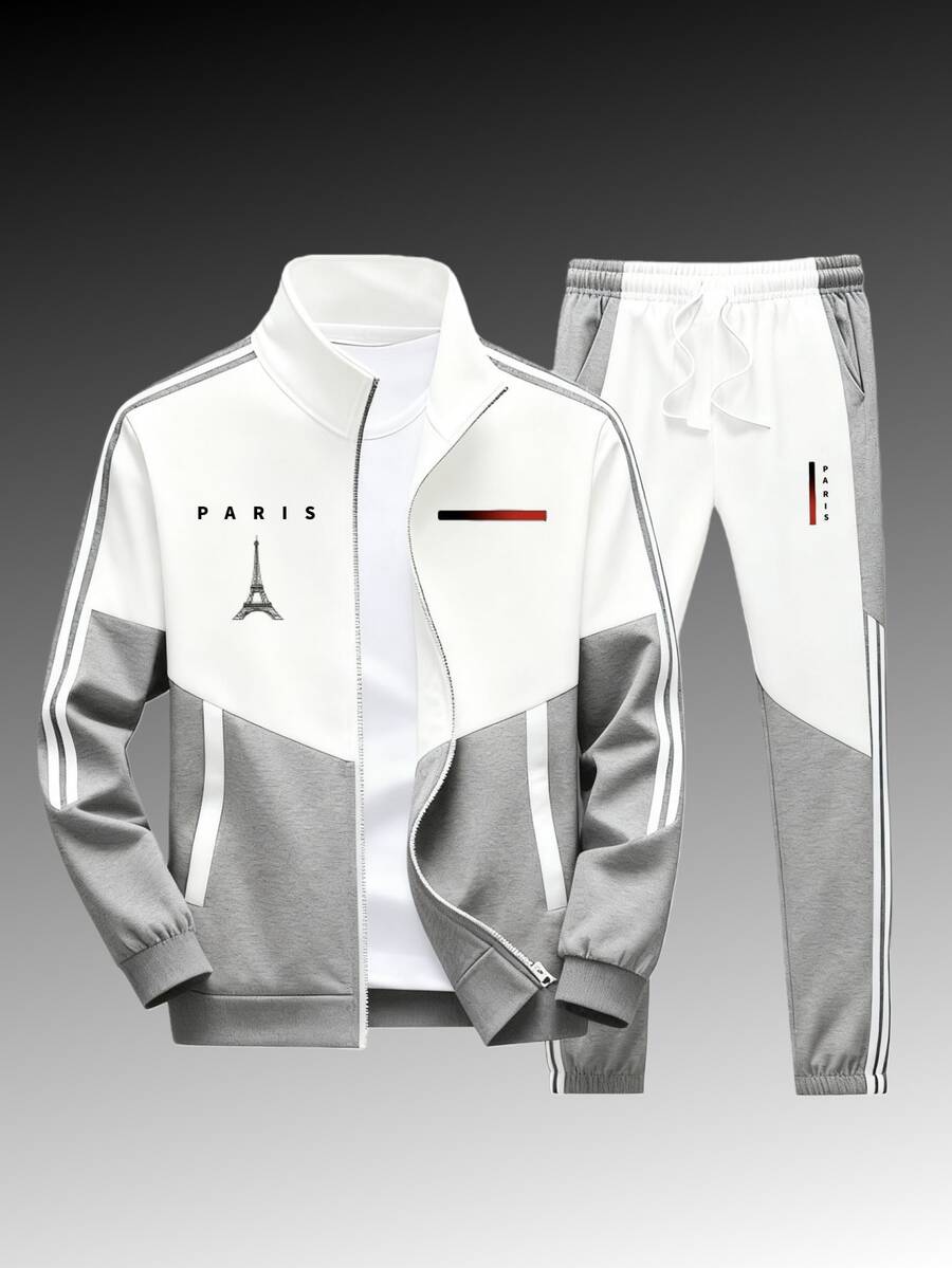 The Universal Parisian Sportswear Set For Both Men And Women - A Casual Sports Jacket And Sports Pants, Suitable For All Seasons For Gym And Casual Wear, With Geometric Pattern Design, Stand-Up Collar, Zipper Jacket, Regular Size Pockets And Zipper For Spring, Summer And Autumn. - 淺灰色 - 查看 1