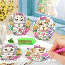 8Pcs/Set Cute Puppy & Kitten In Teacup Floral DIY Diamond Painting Coasters Set With Holder, Sparkling Rhinestone Art Craft Cup Mats For Home Decor & Pet Lover Gifts - Multicolor - View 2