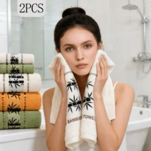 2 PCS Soft Absorbent Towels Set Bamboo Pattern 75cm*34.1cm (29.5*13.4inch) Bathroom Face Hand Towels - Yellow - View 1